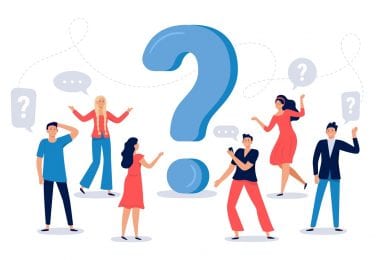 People ask question. Confused person asking questions, crowd finding answers and question sign vector illustration. Collective brainstorm, mutual assistance concept. Public problem solution service