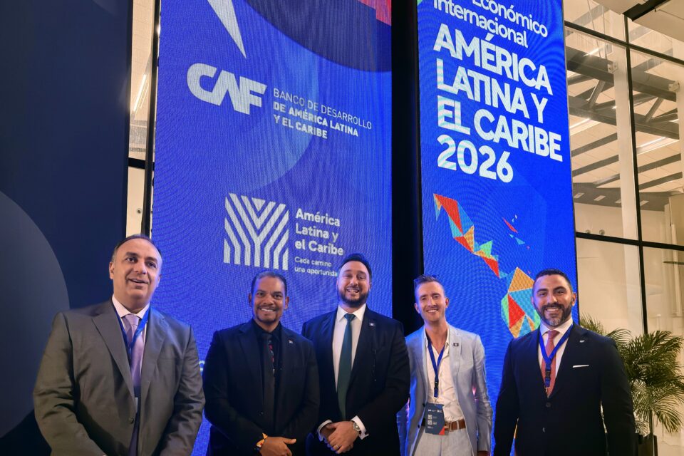 CIB President, Luigi Wewege and REMAX Belize Director, Dustin Rennie with delegates at The Latin America and Caribbean International Economic Forum 2026 in Panama City
