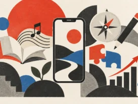Editorial collage of a smartphone, book, compass, pencil and puzzle pieces in red, charcoal and cream.