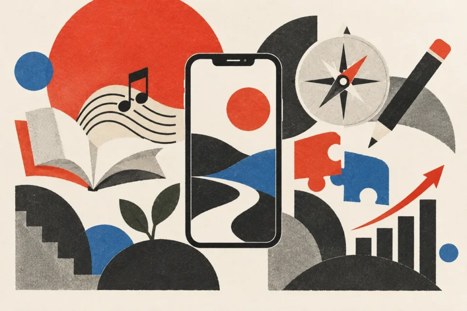 Editorial collage of a smartphone, book, compass, pencil and puzzle pieces in red, charcoal and cream.